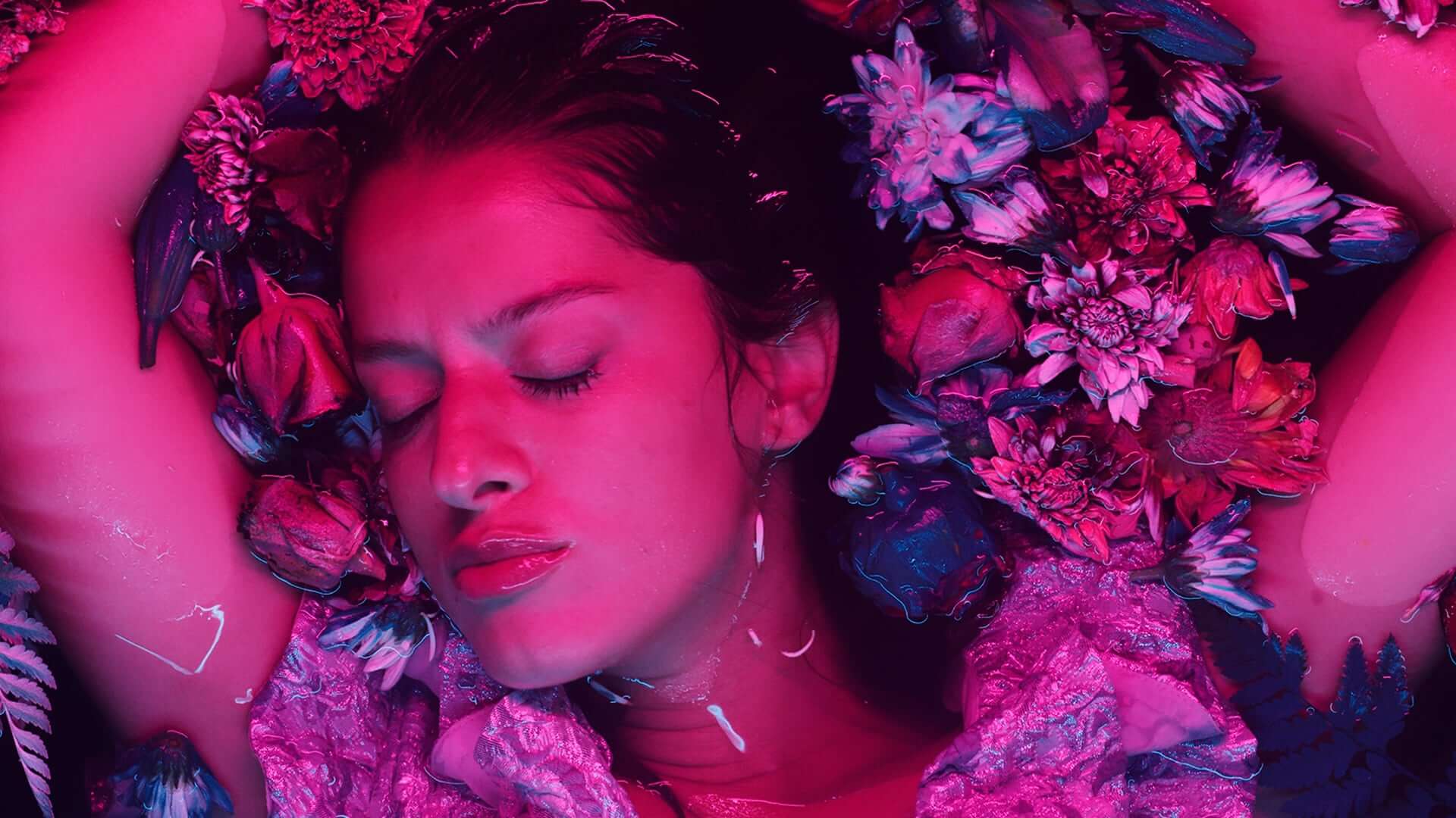 Valientes — A woman with a pink background and flowers in her hair.